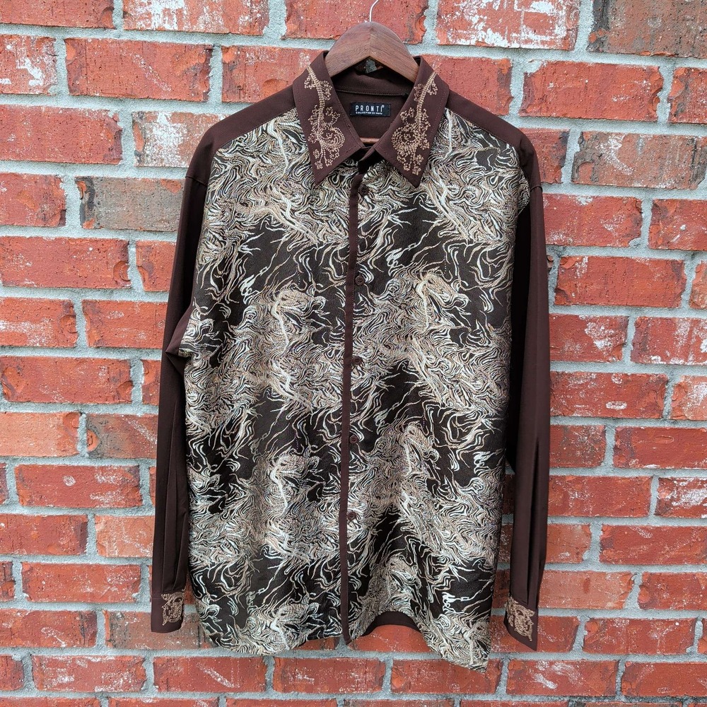 Pronti Dragon Print Button Down Shirt Mens XL Brown Gold Metallic Long Sleeve